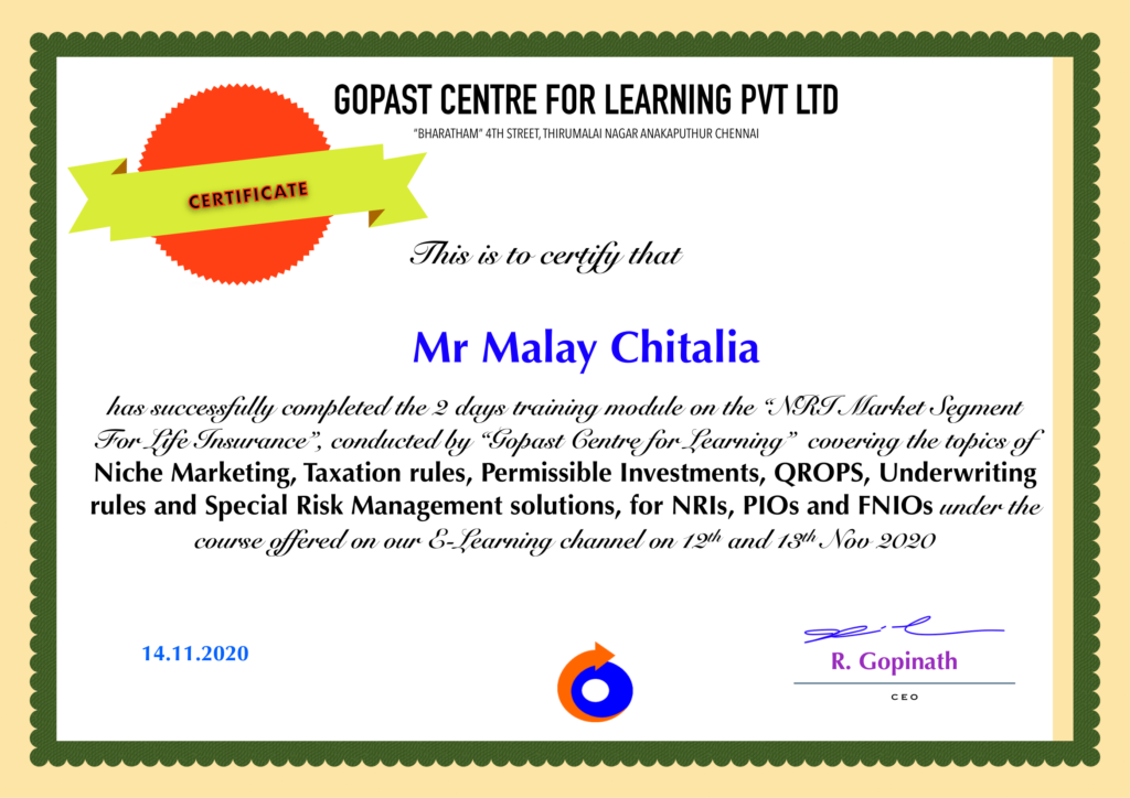 Certificate for 19th Module NRI -1
